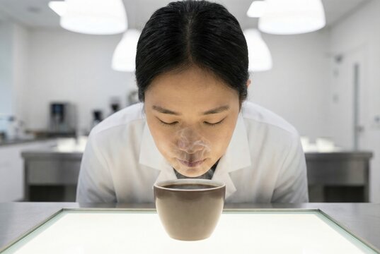 Female sensory specialist wearing a white lab coat carefully smelling the aroma of a hot coffee cup on a light table