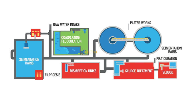 Diagram illustrating the stages of a typical water purification process flow