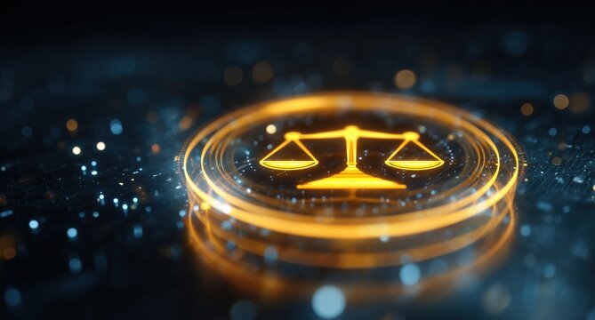 3d render of a glowing law icon on a digital background with a hologram effect and light effects, a justice symbol in the center of a circle Generative AI