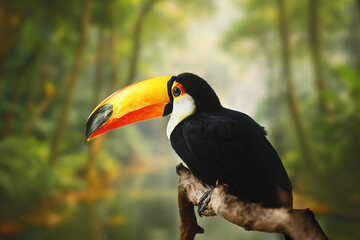 Fototapeta premium Tropical Toucan Perched on a Branch with Softly Blurred Jungle Background