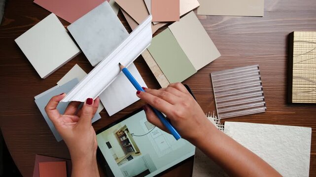 Interior design consultation with material palette, textures, paint color samples and floor plan discussion for office renovation project in Dubai
