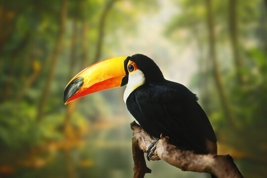 Tropical Toucan Perched on a Branch with Softly Blurred Jungle Background