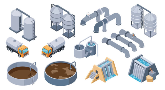 Isometric illustration of a wastewater treatment plant and associated infrastructure