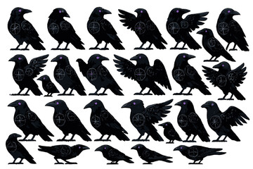 Fototapeta premium Crow illustrations with various postures and designs on display for art or design projects