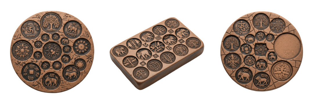Set of Traditional Indian Hand-Carved Wooden Printing Blocks with Intricate Floral and Geometric Motifs for Textile Design