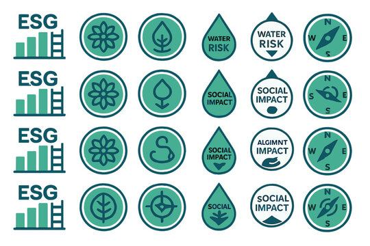 ESG symbols and icons showing environmental, social, and governance factors in a business context