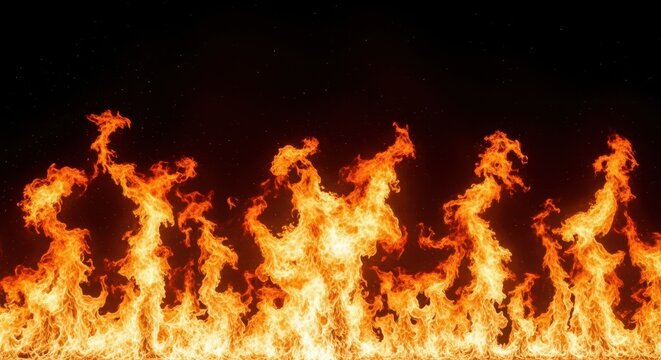 Massive scorching wall of uncontrollable fire and devastating heat against a deep black background, representing raw energy and intense danger, flame, bright, powerful