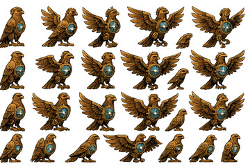 Fototapeta premium Collection of detailed bird designs featuring shields with blue gems in various poses