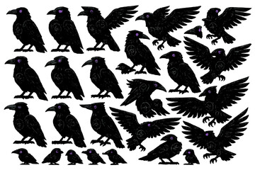 Fototapeta premium Ravens of different poses and sizes with purple details gathered in various positions for artistic purposes in a creative design setting