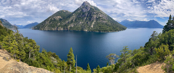 Panoramic view of Brazo Tristeza and Nahuel Huapi lake at Nahuel Huapi national park, circuito chico, Bariloche, Patagonia, Argentina