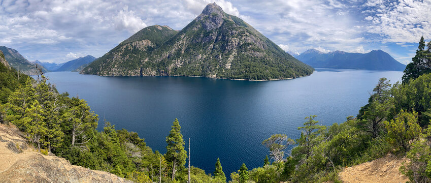 Panoramic view of Brazo Tristeza and Nahuel Huapi lake at Nahuel Huapi national park, circuito chico, Bariloche, Patagonia, Argentina