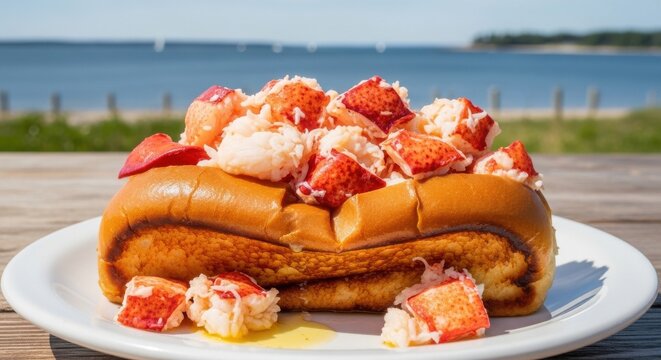 Lobster roll on a plate with ocean background