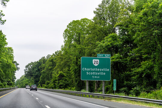 Charlottesville Scottsville road sign exit at Virginia interstate highway i-64 with cars in traffic