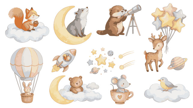 Cute watercolor animals in sky, fox on cloud, wolf on moon, otter with telescope, deer with star balloons, bunny in air balloon, rocket, stars, planets. Collection of Vector illustrations.