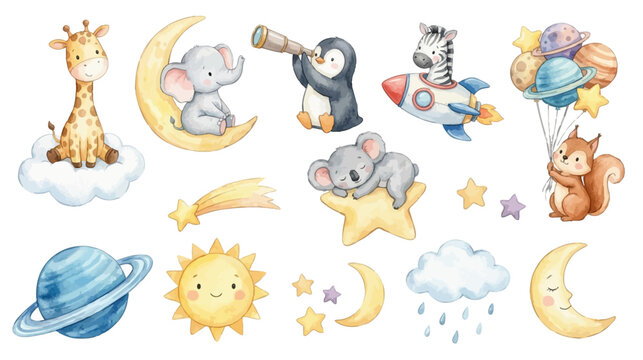 Adorable baby animals and celestial elements set,, pastel nursery clipart for kids design. Collection of Vector elements. Perfect for invitation, card, poster, banner, decoration