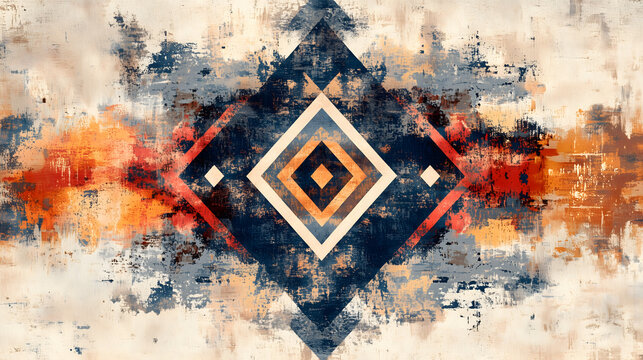 Ukrainian Rushnyk Ornamental Banner &mdash; Abstract Symmetric Folk Geometry in Linen, Rust and Deep Blue