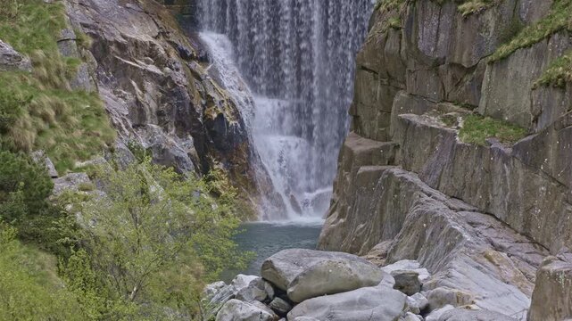 The Reuss man-made cascade in the Schoellenen Gorge, an engineered drop in the river near the Devil&rsquo;s Bridge, Canton of Uri, Switzerland.