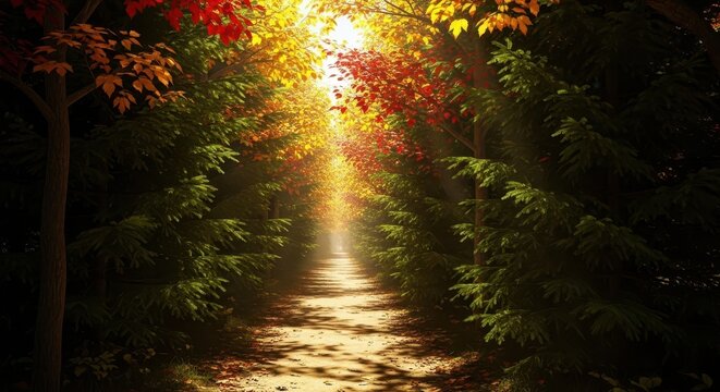 A narrow dirt path winding through a dense evergreen forest with sunlight filtering strongly through the autumn canopy creating deep shadows, ecology, evergreen, seasonal