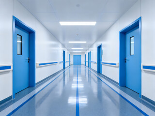 Obraz premium imager Long, empty, sterile hospital corridor with blue doors and white walls, clean medical facility interior isolated on White Background background