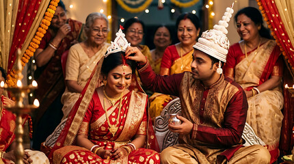 Obraz premium Bengali Hindu Wedding Sindoor Ceremony Groom Applying Sindoor to Bride Parting, Traditional Red Gold Wedding Clothes, Family Around, Warm Light, Authentic Cultural Lifestyle India