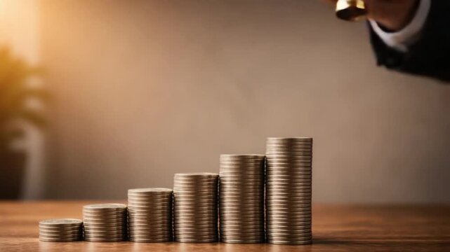 Stacked coin and coin pile illustrating money growth and financial concept with investment, savings, currency, business, economy, and wealth showcasing success, planning, and economic progress