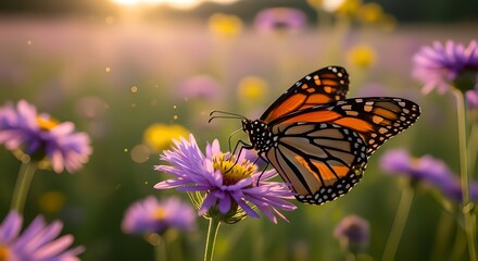 Obraz premium A monarch butterfly gracefully rests on a vibrant purple flower, bathed in the soft, golden glow of a warm sunrise, capturing the delicate beauty of nature's awakening