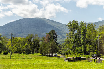 Fototapeta premium Blue ridge mountains in Nelson county by Afton town, Virginia with scenic countryside road highway view in green summer landscape scenery