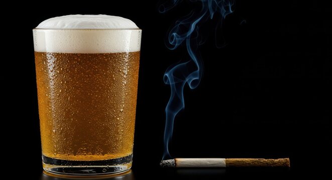 Chilled glass of golden craft beer condensation beads and frothy white head placed next to a smoldering tobacco stick exhaling smoke, smoking, vapor, yellow