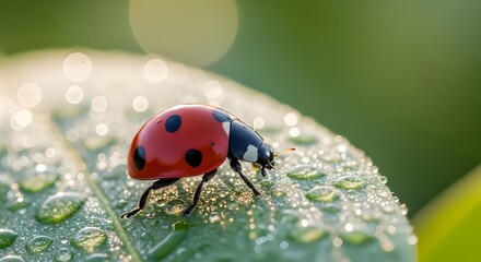 Fototapeta premium Close-up macro shot of a ladybug with its red shell and black spots resting on a wet green leaf in soft sunlight, capturing the intricate details of nature