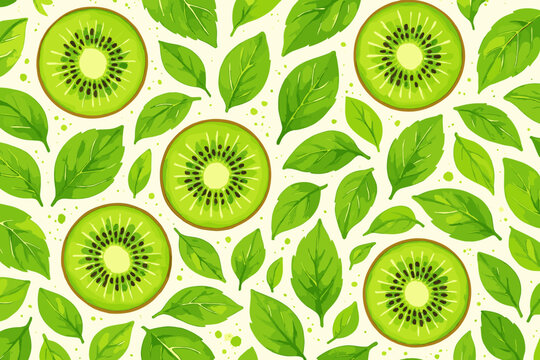 Bright pattern of kiwi slices and green leaves on a light background showcasing fresh fruit elements for design and decoration