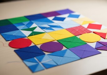 Fototapeta premium Detailed view of colorful geometric textile components organized on a workbench, ready for assembly into a handcrafted decorative item, colorful, construction, component