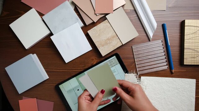 Interior designer mood board with material and paint samples spread on desk, Designer at work