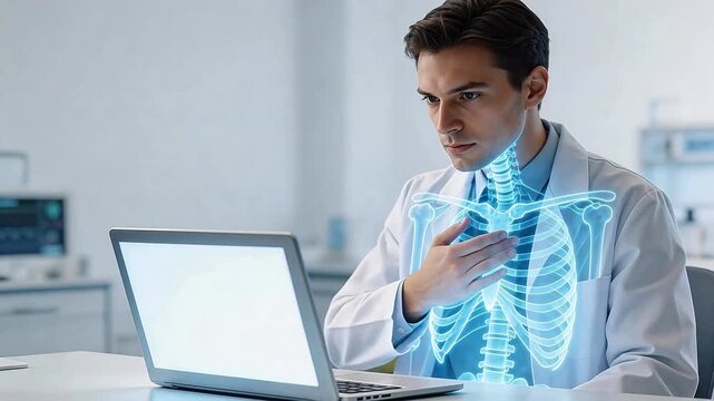 Male doctor in lab coat analyzing medical data on laptop with holographic 3D ribcage and spine visualization &ndash; advanced healthcare technology and diagnostics concept