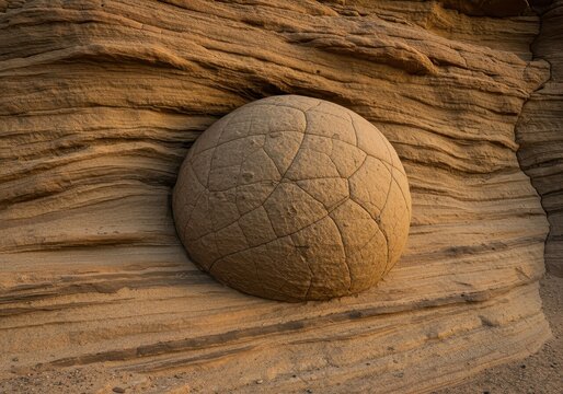 Spherical geological concretion exposed within a heavily layered matrix of fine-grained sedimentary sandstone strata in a desert environment, rock, eroded, geological formation