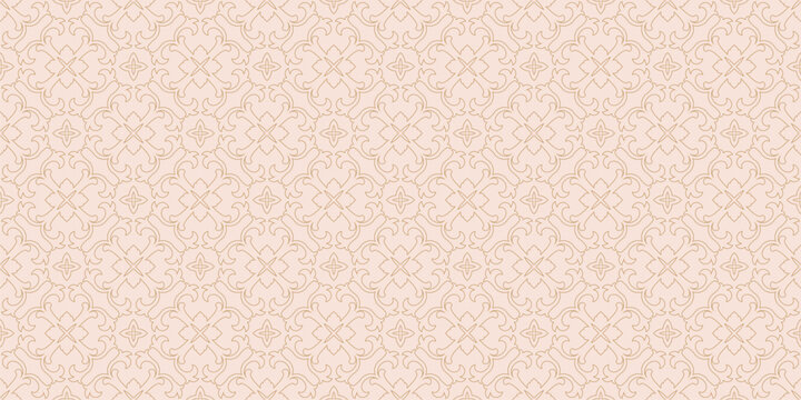 Vector abstract geometric seamless pattern in vintage european rococo style. Pink background with gold curved lines, floral shapes, curls. Delicate texture for decor, print, textile, wallpaper