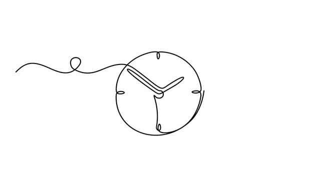 Animated self drawing of continuous line draw of clock icon. Full length one line animation. 4K