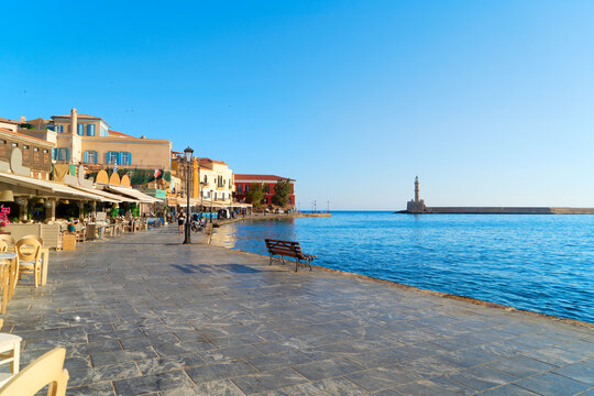 venetian habour of Chania with historical houses at sunny day, Crete, Greece