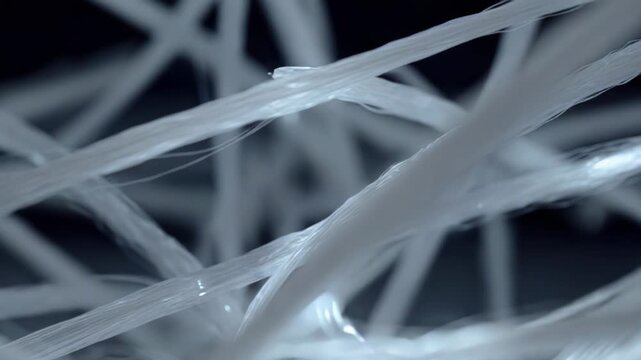 White microscopic fibers are weaving into an intricate, interconnected web, highlighting concepts of technology, research, and material science at a magnified level