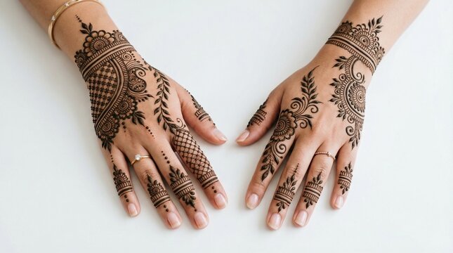 Henna designs on hands, intricate brown mehndi patterns on fingers and wrists