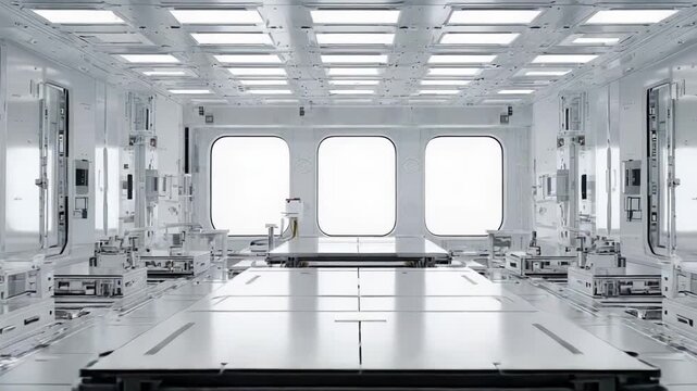 Futuristic spaceship laboratory interior with minimalist white design. Illuminated control panels and sleek engineering platforms creating a sterile. High tech environment for research and exploration