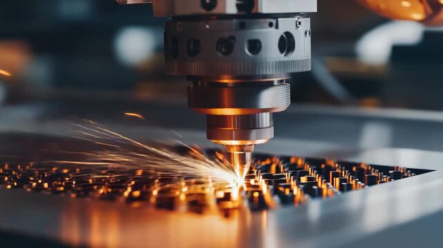 Laser cutting head creating intricate patterns on a metal sheet, generating bright sparks during the precision fabrication process in an industrial setting