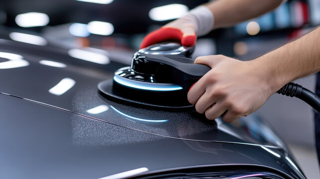 Professional detailer carefully polishing new car paintwork, applying protective coating with orbital buffer for impeccable shine and surface restoration