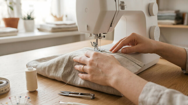 close up of a woman hands using a white electric sewing machine to stitch grey linen fabric on a wooden table with thread spool and scissors in a bright home studio workspace