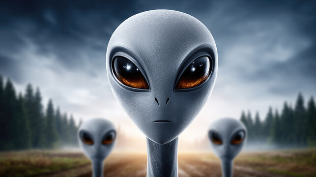 UFO Day .Close up portrait of a grey alien with large dark eyes staring forward, symbolizing an extraterrestrial encounter and the arrival of unknown life forms from space