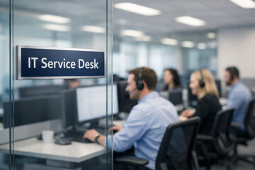 Fototapeta premium It service desk sign on glass wall with agents working