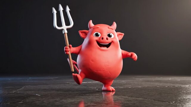 A cheerful red devil cartoon character happily holds a trident standing on a dark floor.