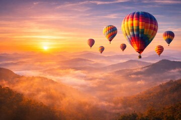 Obraz premium Colorful hot air balloons flying over misty mountains at sunrise landscape