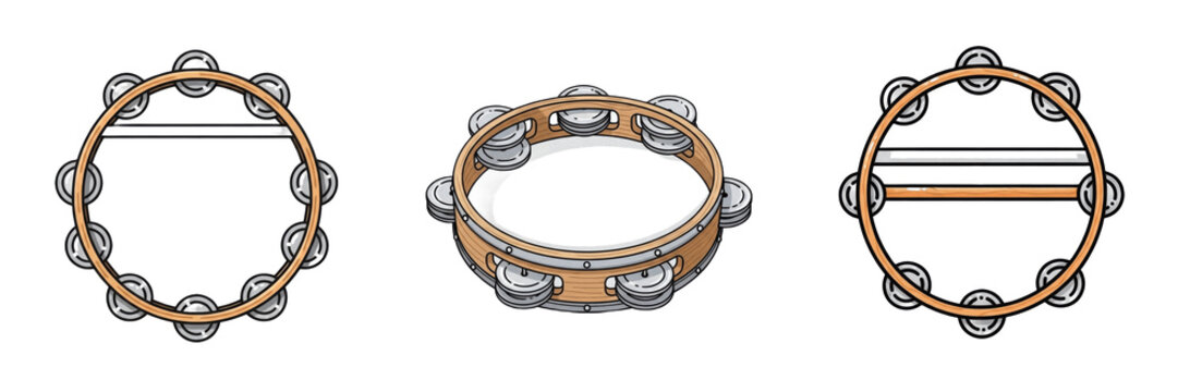 Tambourine Set Illustration Isolated on White Background, Handheld Percussion Musical Instruments Collection