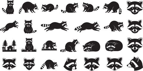 Dynamic collection of stylized raccoon illustrations showcasing these clever woodland animals in various poses and activities, ideal for diverse graphic design projects © The Shot Hub