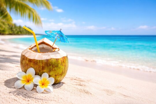 Tropical coconut drink with umbrella on sandy beach with turquoise ocean and palm leaves in summer paradise